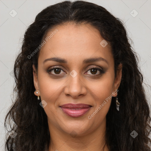 Joyful latino young-adult female with long  brown hair and brown eyes