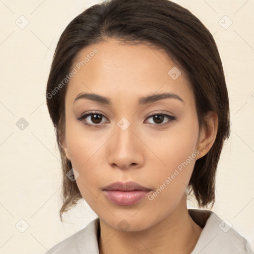 Neutral white young-adult female with medium  brown hair and brown eyes