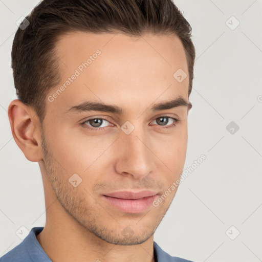 Neutral white young-adult male with short  brown hair and brown eyes