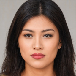 Neutral asian young-adult female with long  brown hair and brown eyes