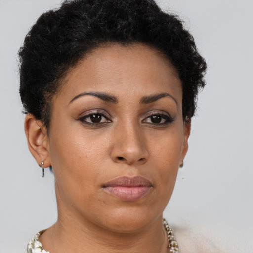 Neutral latino young-adult female with short  brown hair and brown eyes