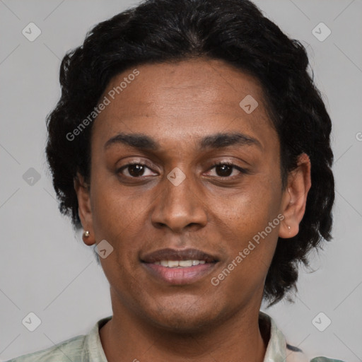 Joyful latino young-adult female with short  black hair and brown eyes