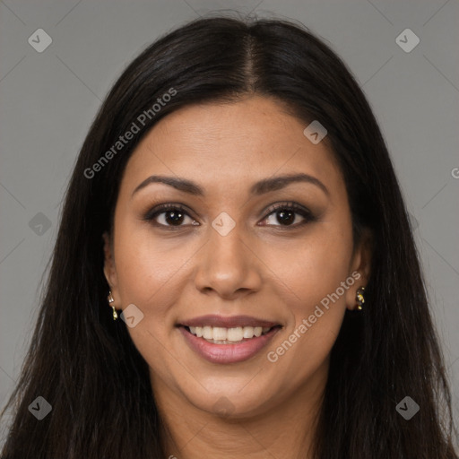 Joyful latino young-adult female with long  brown hair and brown eyes