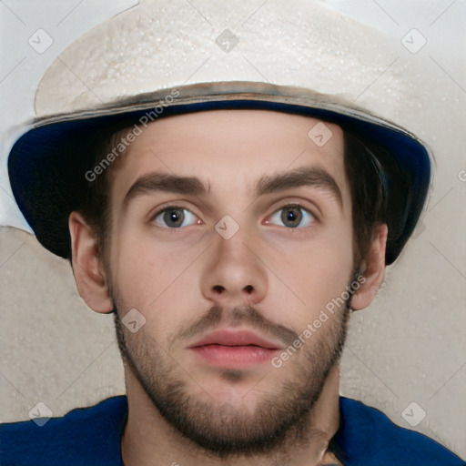 Neutral white young-adult male with short  brown hair and grey eyes