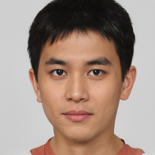 Neutral asian young-adult male with short  black hair and brown eyes