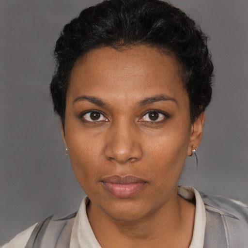 Neutral black young-adult female with short  black hair and brown eyes