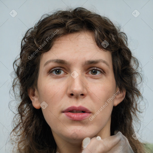 Neutral white adult female with medium  brown hair and brown eyes