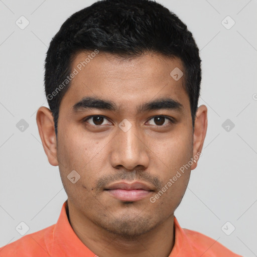 Neutral asian young-adult male with short  black hair and brown eyes