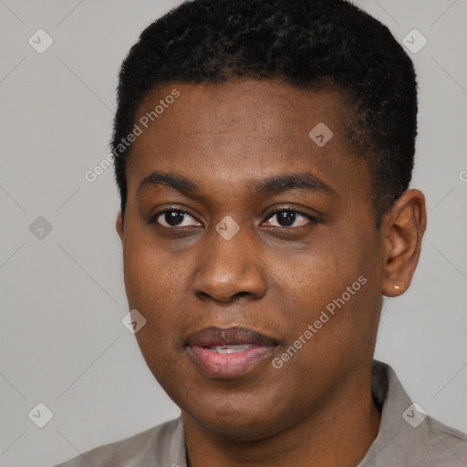 Joyful black young-adult male with short  black hair and brown eyes