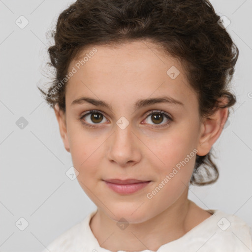 Joyful white young-adult female with medium  brown hair and green eyes