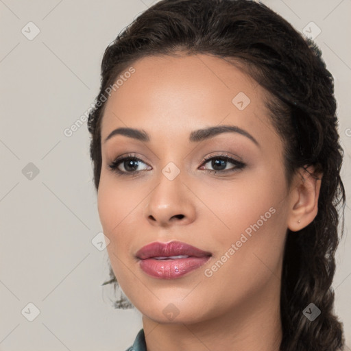 Joyful white young-adult female with long  black hair and brown eyes