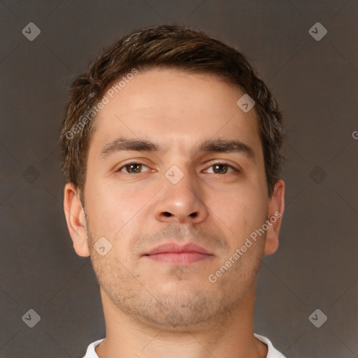 Neutral white young-adult male with short  brown hair and brown eyes