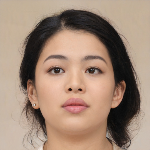 Neutral asian young-adult female with medium  black hair and brown eyes