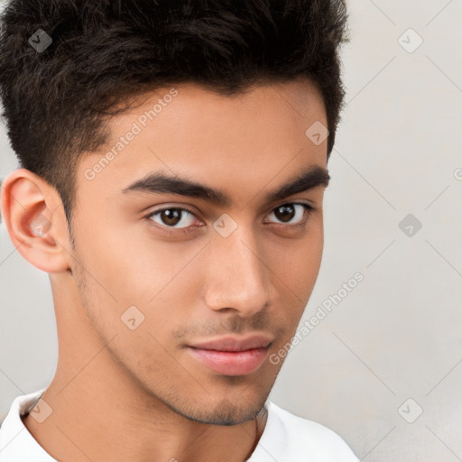 Neutral white young-adult male with short  brown hair and brown eyes