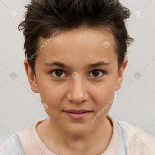 Joyful white child male with short  brown hair and brown eyes