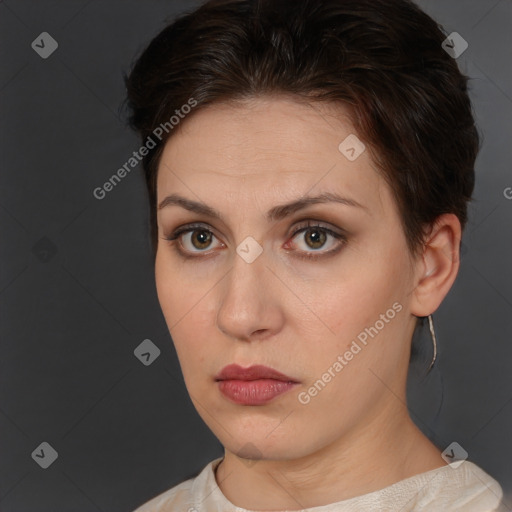 Neutral white young-adult female with short  brown hair and brown eyes