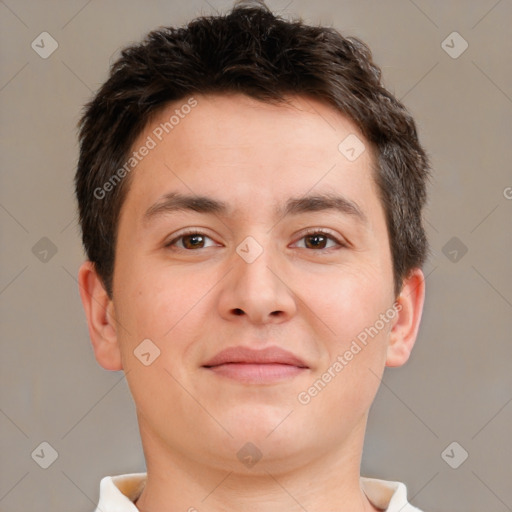 Neutral white young-adult male with short  brown hair and brown eyes