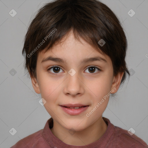 Joyful white child female with medium  brown hair and brown eyes