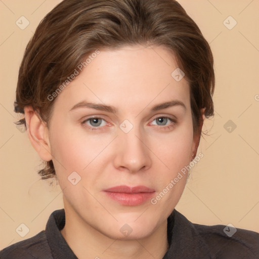 Neutral white young-adult female with short  brown hair and brown eyes