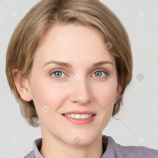 Joyful white young-adult female with medium  brown hair and blue eyes