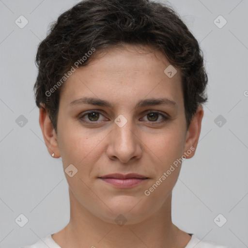 Joyful white young-adult female with short  brown hair and brown eyes