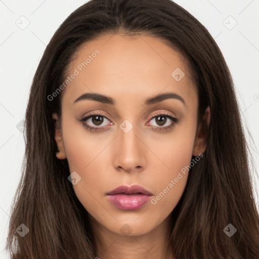 Neutral white young-adult female with long  brown hair and brown eyes