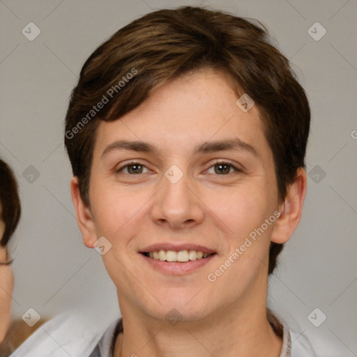 Joyful white young-adult female with short  brown hair and grey eyes