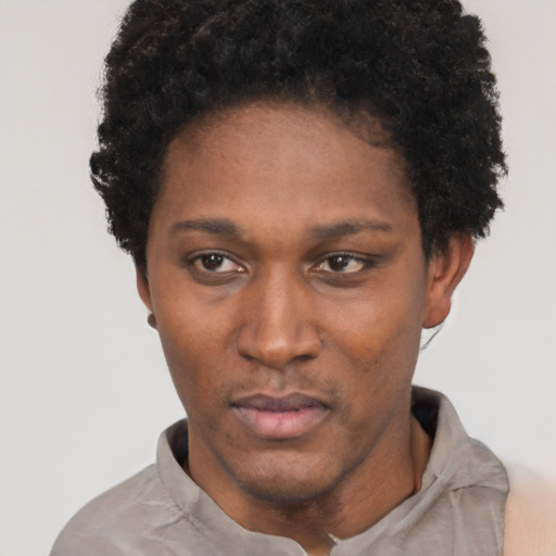 Neutral black young-adult female with short  black hair and brown eyes
