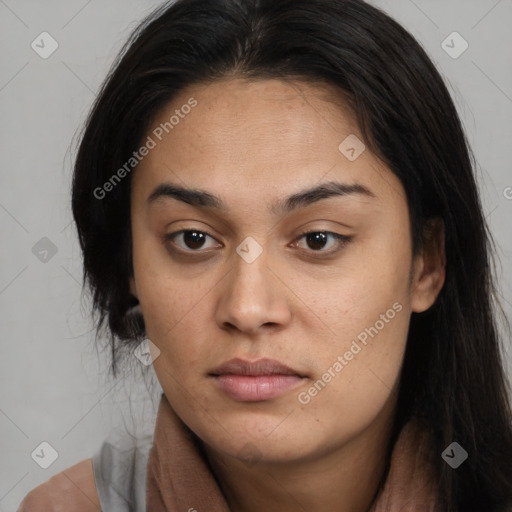 Neutral latino young-adult female with long  brown hair and brown eyes