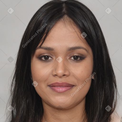 Joyful asian young-adult female with long  brown hair and brown eyes