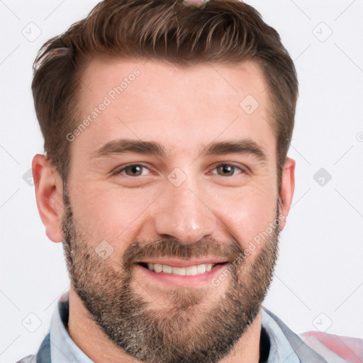 Joyful white adult male with short  brown hair and brown eyes