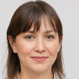 Joyful white adult female with medium  brown hair and grey eyes