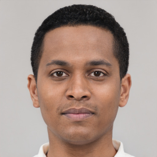Neutral black young-adult male with short  black hair and brown eyes