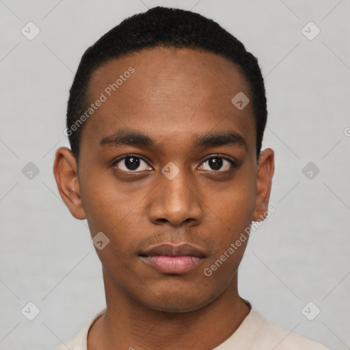 Neutral black young-adult male with short  black hair and brown eyes