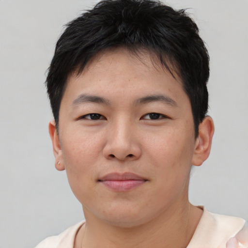 Neutral asian young-adult female with short  brown hair and brown eyes