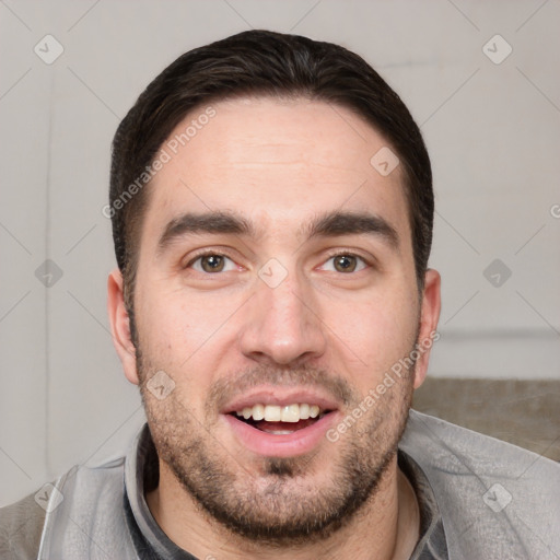 Joyful white young-adult male with short  black hair and brown eyes