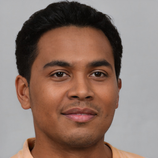 Neutral latino young-adult male with short  brown hair and brown eyes