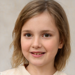 Joyful white child female with medium  brown hair and brown eyes