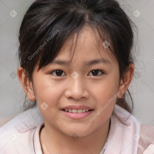 Joyful white child female with medium  brown hair and brown eyes