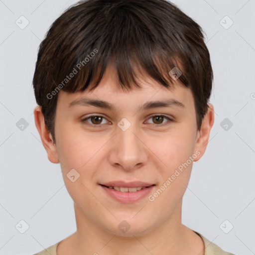 Joyful white young-adult female with short  brown hair and brown eyes