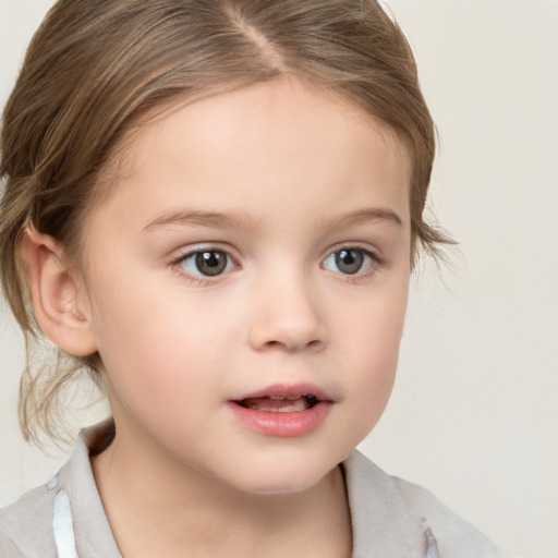 Neutral white child female with medium  brown hair and blue eyes