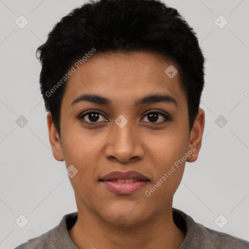 Joyful latino young-adult female with short  black hair and brown eyes