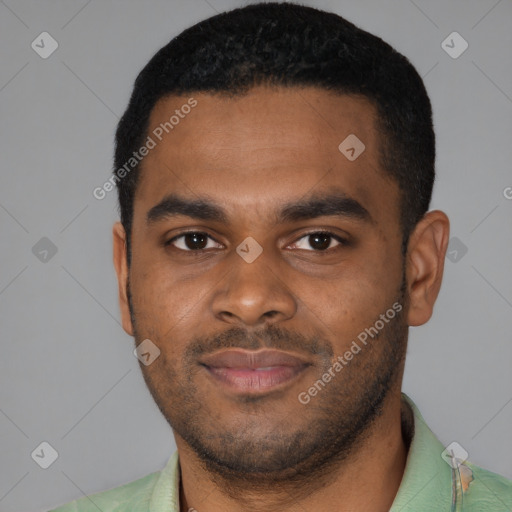 Joyful latino young-adult male with short  brown hair and brown eyes