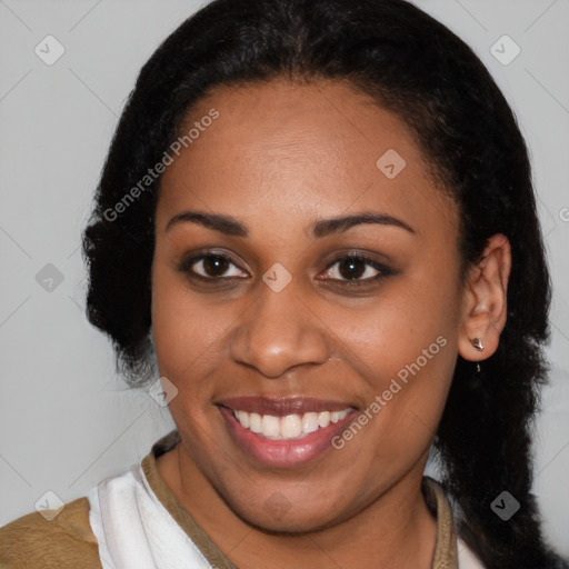 Joyful latino young-adult female with medium  brown hair and brown eyes