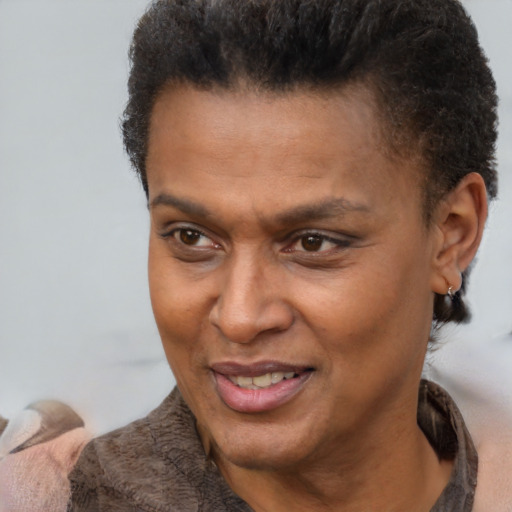 Joyful black adult male with short  brown hair and brown eyes