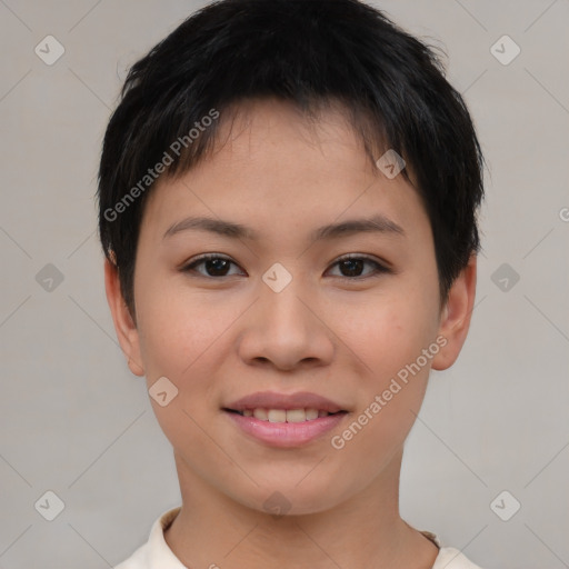 Joyful asian young-adult female with short  brown hair and brown eyes