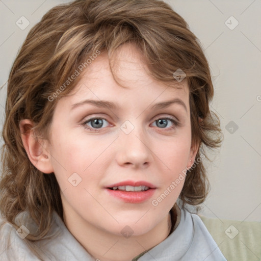 Neutral white child female with medium  brown hair and blue eyes