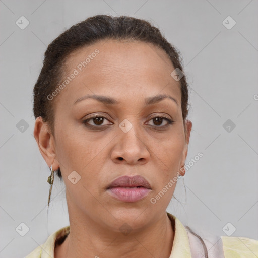 Joyful black adult female with short  brown hair and brown eyes