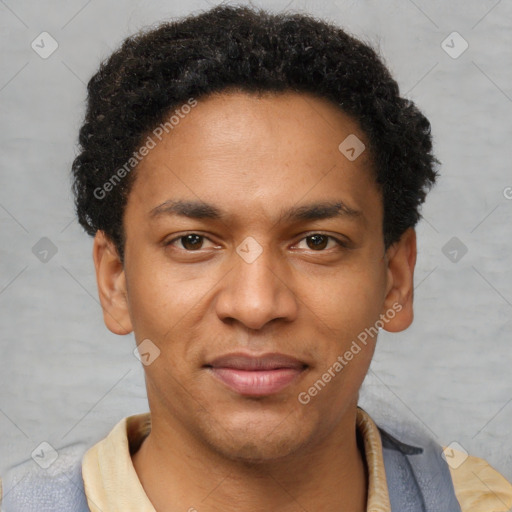 Joyful latino young-adult male with short  brown hair and brown eyes