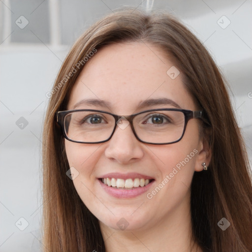 Joyful white young-adult female with long  brown hair and grey eyes